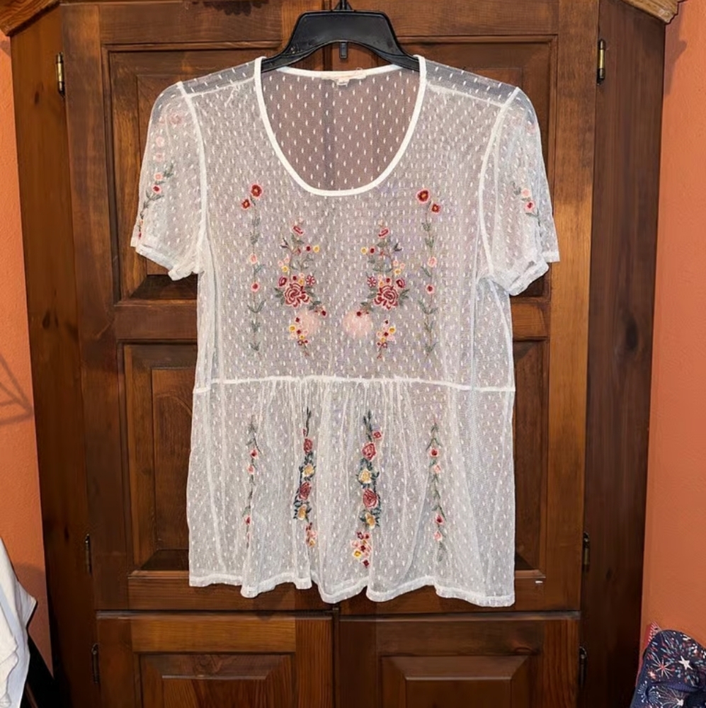 Floral Embroidered Sheer White Top